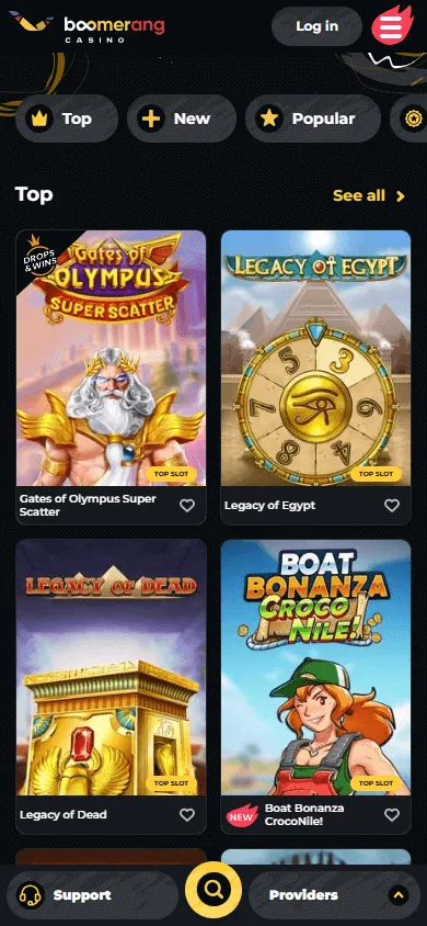 Boomerang Casino games area on a mobile device