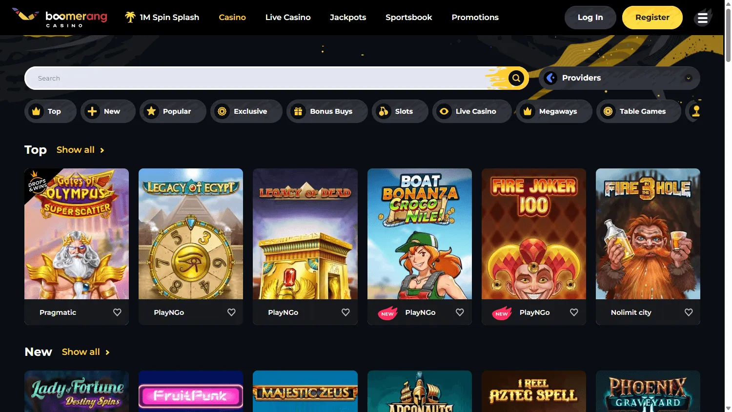 Boomerang Casino games area on desktop