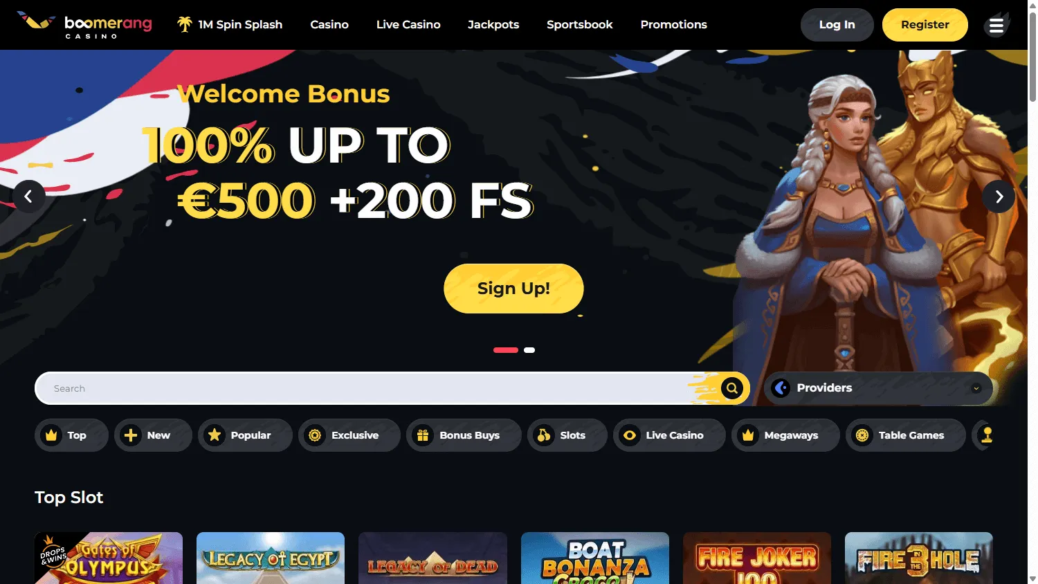 Boomerang Casino home page on desktop