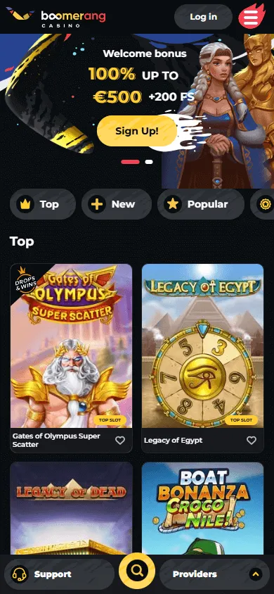 Boomerang Casino home page on a mobile device