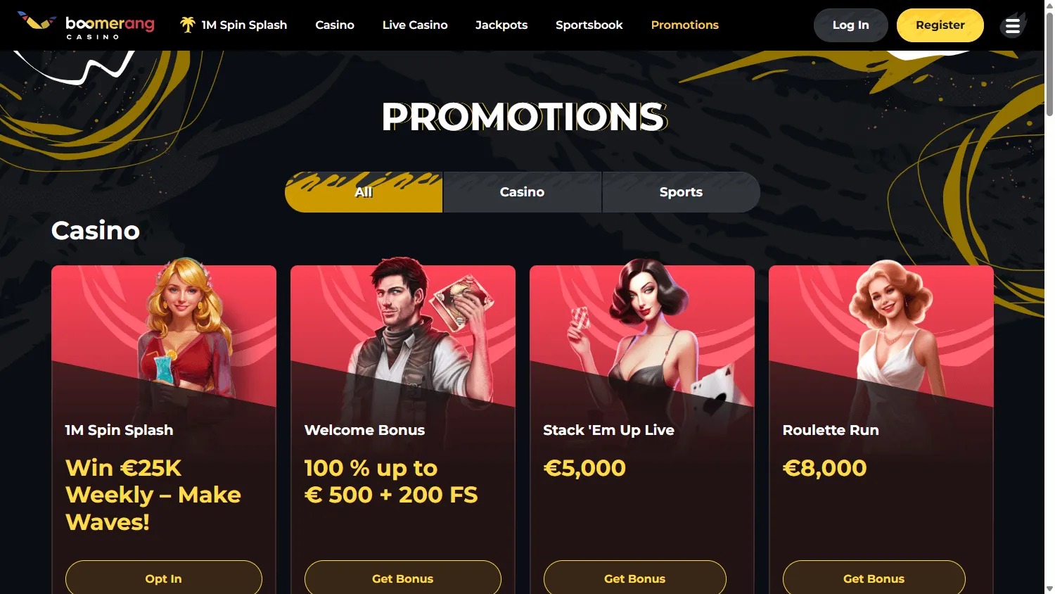 Boomerang Casino promotions area on desktop